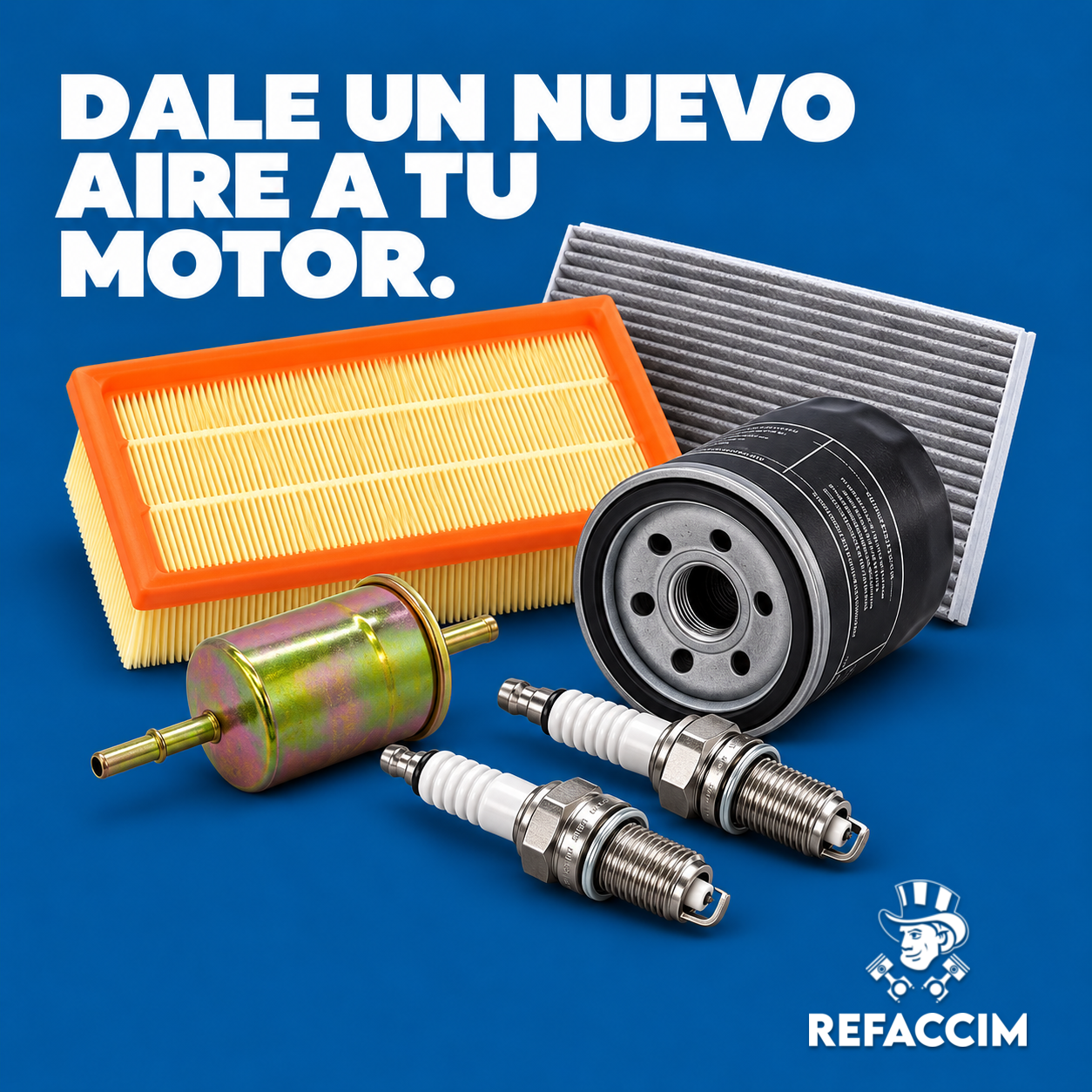 Filtros de aire, aceite y combustible junto a bujías sobre fondo azul REFACCIM